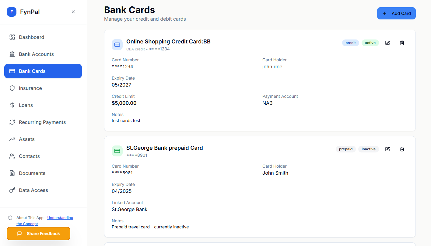 FynPal Bank Cards Preview